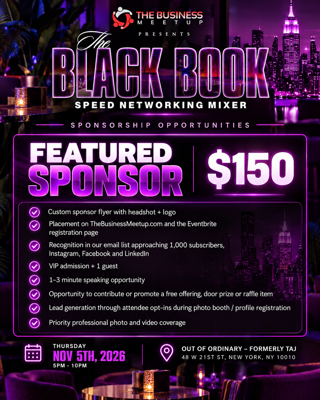 Featured Sponsor $150 official sponsorship flyer for The Black Book of NYC